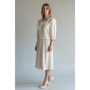 VTG 80s Ivory Dress Edwardian Victorian Sailor Collar Twee Kawai Medium FLAW